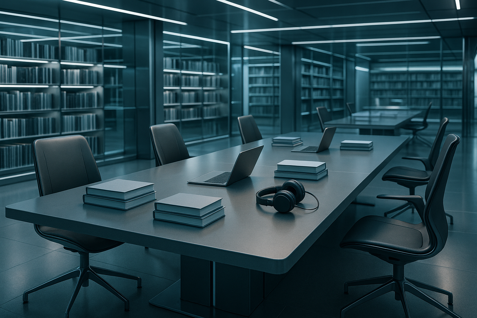 A table in a library. With Books, laptops, headphones, and empty chairs around it. The themes is Futuristic and sleek. The size is 1200px x 1200px